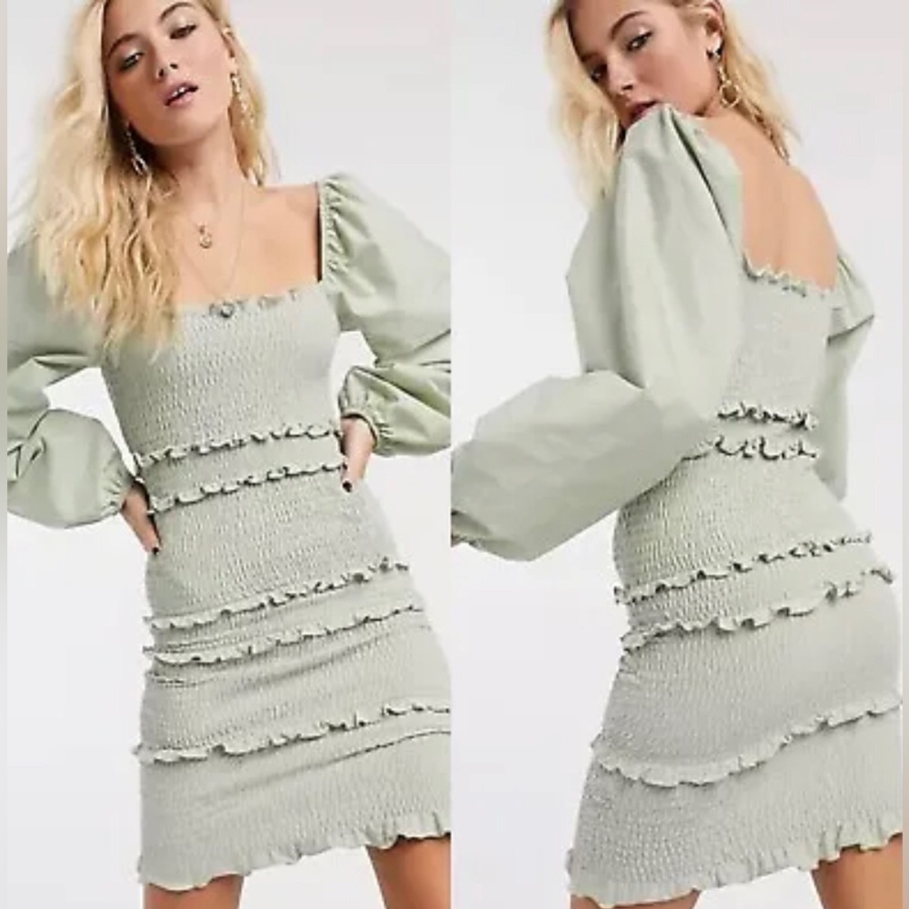 Topshop Dress 8 Green Smocked Mini Balloon Sleeve